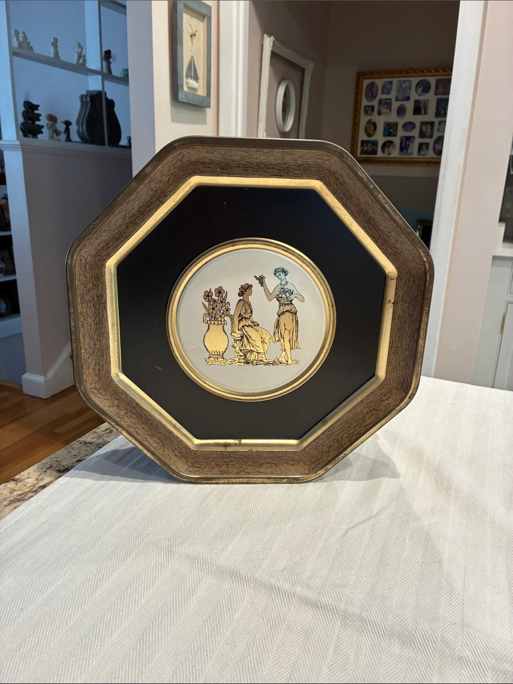 Vintage Octagonal Metal Box with Classical Motif - Black and Gold